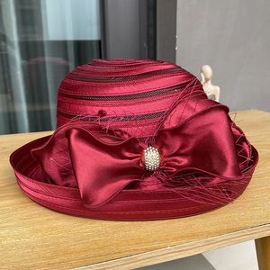 Chapeau de soleil en Organza à large bord pour femmes, élégant, grand nœud, pour dame, église, mariage, casquette de plage d'été, 240309