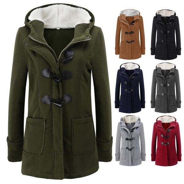 Abrigos de invierno para mujer, chaqueta gruesa con forro de Sherpa, prendas de vestir con capucha y botones de cuerno a la moda, abrigo de guisante mezclado de lana cálida con bolsillos 240122