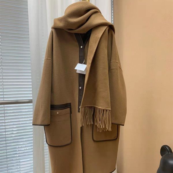 Femmes Laine Mélange Manteaux Designer Gland Écharpe Manteau Automne Hiver Femmes Élégant En Cuir Survêtement Mode Simple Lady Châle Veste Détachable Femme Manteaux Chauds