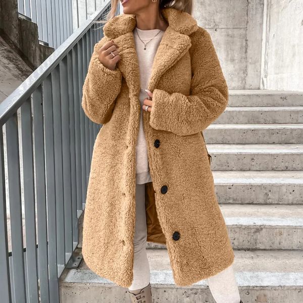 Femmes laine mélanges automne hiver flanelle manteau femmes décontracté couleur unie en peluche revers à manches longues veste mi-longueur femme pardessus thermique 231114