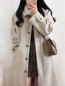 Mélanges de laine pour femmes automne hiver Long manteau femmes coréenne fausse laine veste femme élégant simple boutonnage pardessus Vintage Harajuku manteaux 231114