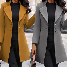 Mezclas de lana para mujer Otoño Invierno Abrigos para mujer Moda Cuello de solapa Estilo coreano Chaquetas delgadas Media longitud Color sólido Botón Oficina Ropa para dama 231019