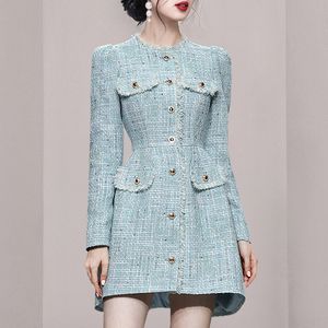 Femmes Laine Mélanges Automne Hiver Manteau De Laine Femmes tweed O Cou Simple Boutonnage Mince Vêtements D'extérieur Style Coréen Veste Mini Robe 230905