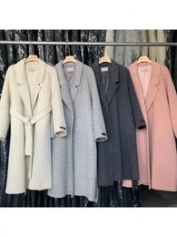 Mezclas de lana para mujer Otoño Invierno Chaquetas de abrigo de alpaca hechas a mano Mujeres Solapa Barthrobe Estilo suelto con cordones Abrigos largos 231018