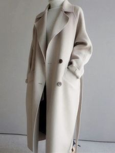 Femmes mélanges de laine Beige laine veste femmes automne hiver décontracté revers longs manteaux femme élégant Vintage mode coréenne lâche surdimensionné pardessus 231020