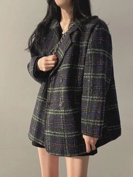 Femmes Laine Mélanges Marron Vert Patchwork Plaid Laine Blazer Manteau Hiver Coréen Vintage Lâche Double Boutonnage Costume Col Veste Épais Chic 231021