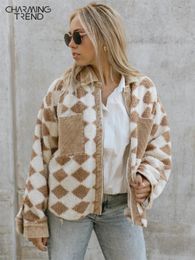 Femmes laine mélanges Charmingtrend hiver femmes chaud fausse fourrure manteau Plaid imprimé Long col rabattu en peluche classique en vrac 231018