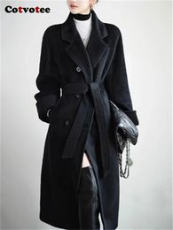 Femmes laine mélanges Cotvotee alpaga manteau femmes automne hiver Vintage Double boutonnage veste décontracté col rabattu longs manteaux 231113