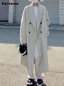 Femmes laine mélanges Cotvotee manteau pour femmes mode élégant bureau dame col rabattu Double boutonnage ample Long 231114
