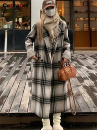 Manteaux à carreaux en mélange de laine pour femmes, automne-hiver, manches longues, col rabattu, veste ample à Double boutonnage, 231114