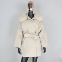 Femmes mélanges de laine CXFS col de fourrure de renard naturel capuche cachemire réel manteau veste d'hiver femmes surdimensionné vêtements coupe large ceinture 231114