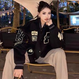 Mezclas de lana para mujer Deeptown Vintage Baseball Varsity Jacket Mujeres de gran tamaño Streetwear Casual Bordado Bomber Chaquetas negras Universidad Otoño Invierno 231021