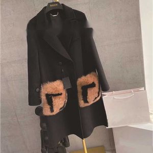 Dames wolmengsels Designer Cashmere Coat Large Fox Fur Pocket Cashmere Qini