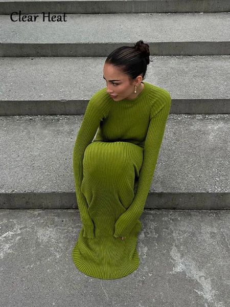 Femmes mélanges de laine élégant vert mince tricoté Maxi robe femmes automne hiver mode à manches longues pull robes Lady Party Club Streetwear 231016
