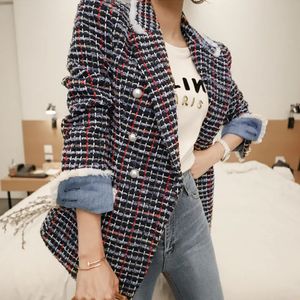Dameswolmix Mode Elegante Dames Tweed Uitloper Casual Retro Plaid Double Breasted Pearl Button Lady Femme Mujer Herfst Winterjas Jas 231114