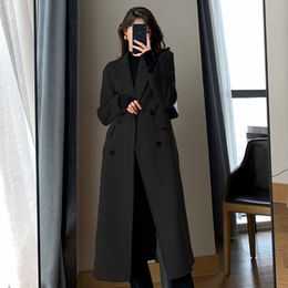 Dameswolmix Mode Winter Trenchcoat Voor Dames Elegant Koreaans Casual Doublebreasted Lange Jas Zwart Kantoor Dame Los Uitloper 230905