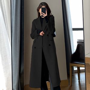 Femmes laine mélanges mode hiver Trench manteau pour femmes élégant coréen décontracté double boutonnage longue veste noir bureau dame vêtements amples 230905