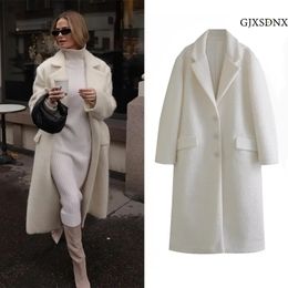 Mélanges de laine pour femmes GJXSDNX TRAF mode automne hiver pardessus blanc Long manteau revers chaud épais doux moelleux veste ample élégant 231110