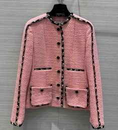 Womens Wool Blends Hoge kwaliteit designer celebrity roze tweed jassen contrasterende kleur binding trim zakken oneck wollen jas 230921