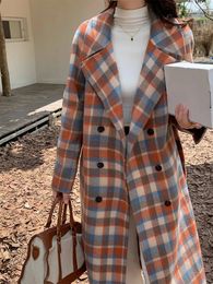 Mélanges de laine pour femmes vestes à carreaux de couleur alpaga haut de gamme automne-hiver Style de conception à double boutonnage à lacets cravate en vrac longs manteaux pour femmes 231018