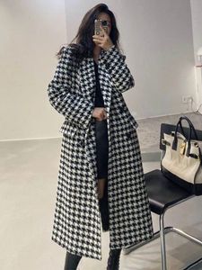 Dameswolmix Houndstooth-jas Dames Vintage Faux Overjas Dames Herfst Winter Dikke warme jas Dames Koreaanse mode Lange mixjassen 231114