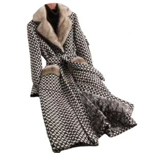 Abrigo largo de tweed de invierno para mujer, mezcla de lana, imitación de piel de visón