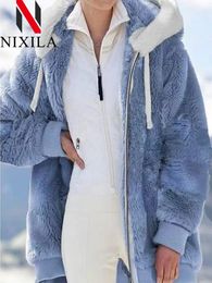 Femmes laine mélanges au printemps automne lâche peluche veste à capuche avec fermeture éclair manteaux et vestes rose vêtements hiver haut pour femme 231023