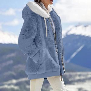 Femmes laine mélanges veste pour femmes printemps automne hiver chaud en peluche poche à capuche Streetwear lâche femme manteau roupas feminina 231114