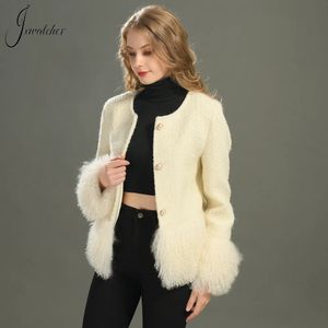 Laine des femmes mélange Jxwatcher manteau avec de la vraie fourrure de mouton mongole automne hiver Style Ladis élégance courte veste en Tweed femme 230927