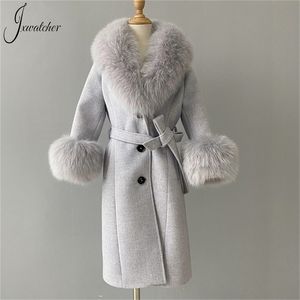 Dameswolmengsels JxWatcher Kids Cashmere Trench Coats met grote echte bont kraag en manchetten meisjes wintergordel slanke jas jongens val bovenkleding 220930