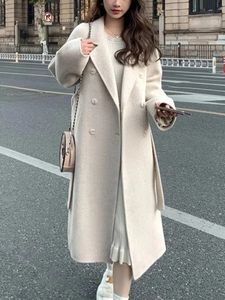 Dameswolmengsels Koreaanse mode Dames Casual losse wollen jas Elegant en chic Effen bovenkleding Lange overjas met riem Vrouwelijke warme mantel 231114