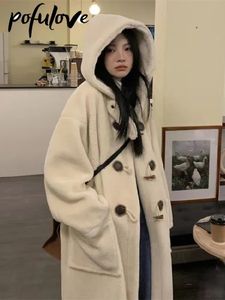 Womens Wool Blends Lamb Coats Woman Fleece Hoodies Jacket Cowhorn Button Loose Coat Winter Warm Female Mid Length Korean Thick Overcoat 231114