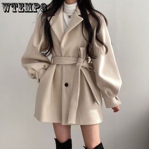 Womens Wool Blends Mid Length Topcoat Blazer Collar Woolen Coat Women Belted Winter Jacket Niche Vintage Loose Fashion Overcoat Solid Trench Coats 221205