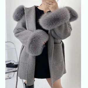 Femmes mélanges de laine surdimensionné dames vêtements d'extérieur manteau de fourrure véritable veste d'hiver femmes col naturel poignets capuche cachemire laine 231021
