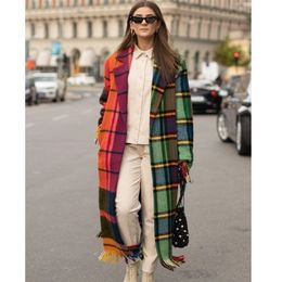 Dames wollen blends plaid jas dames herfst kunstmatige wollen stof contrast kleur lange jas makeed mode streetwear overjas 221007