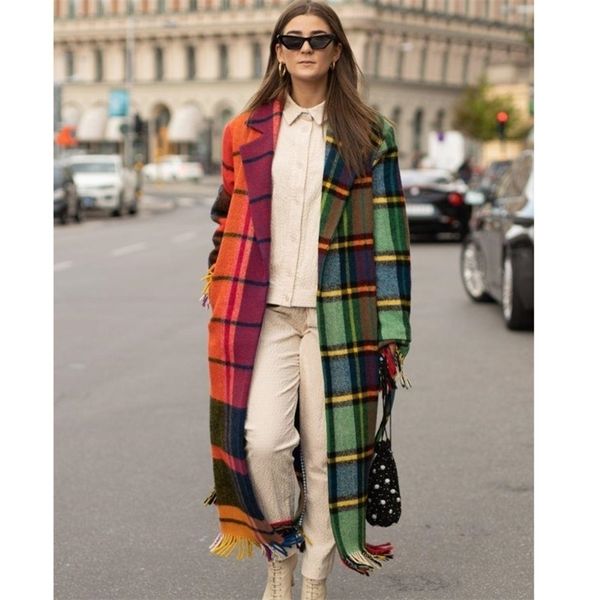 Femmes mélanges de laine manteau à carreaux femmes automne tissu de laine artificielle contraste couleur longue veste à capuche mode Streetwear pardessus 221007