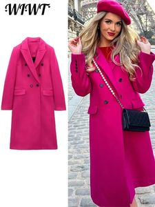 Dameswolmix Rose Red Doublebreasted Revers Trenchcoat Dames Herfst Winter Lange mouwen Losse Vrouwelijke Lange Jassen Elegant Office Lady Wear 231021