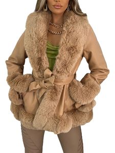 Veste en simili cuir élégante en mélange de laine pour femmes avec col en peluche et manteau parka court tendance ouvert sur le devant avec ceinture pour femme avec fourrure chaude 230906