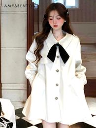 Femmes laine mélanges doux fille manteau de laine mode coréenne Cape manteaux pour femmes hiver Kawaii arc poupée col blanc élégant 231018