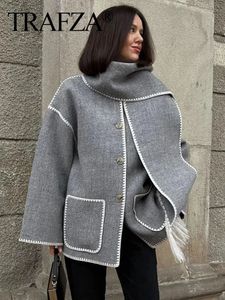 Mélanges de laine pour femmes TRAFZA automne veste pour femmes Vintage solide à manches longues manteaux de laine avec écharpe hiver chaud femme mode Streetwear manteau 231118
