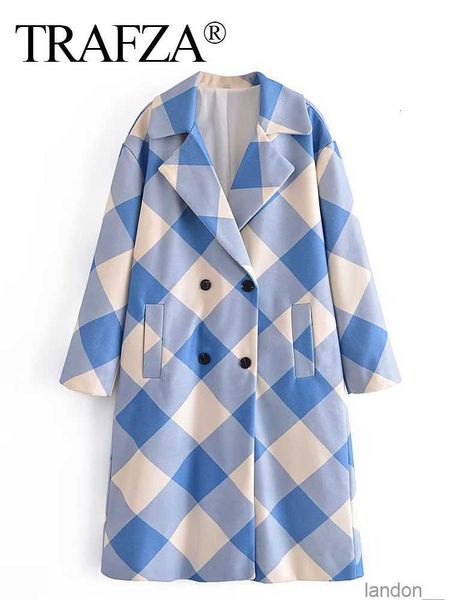 Mélanges de laine pour femmes TRAFZA mode féminine automne décontracté bleu Double boutonnage à carreaux Long manteau de laine femme Vintage manches poches vêtements d'extérieur 230921