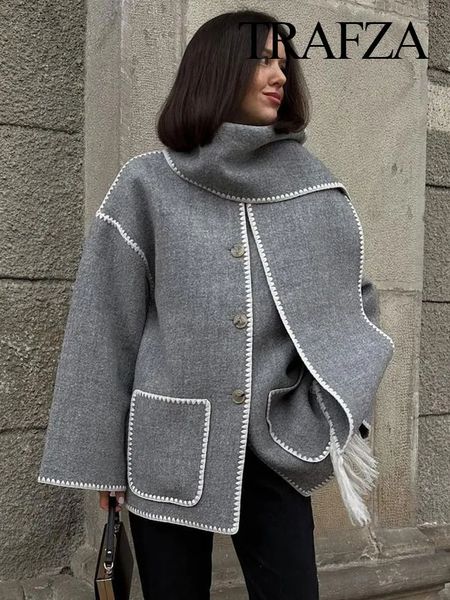 Mélanges de laine pour femmes TRAFZA manteau d'hiver à manches longues simple poitrine Extra Large écharpe décontractée encolure veste chaud rétro vêtements 231118