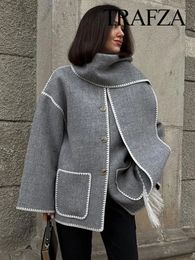 Mélanges de laine pour femmes TRAFZA hiver femmes manteau à manches longues simple boutonnage surdimensionné décontracté écharpe col veste chaud vêtements d'extérieur Vintage vêtements 231129