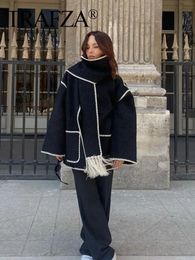 TRAFZA Damesmode Contrasterende jas met enkele rij knopen en sjaal Losvallend casual jack met lange mouwen Winter chique jassen 231023