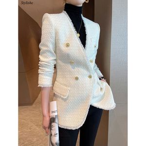 Femmes laine mélanges Tweed veste femmes bureau dames revers mince noir automne Blazers élégant mode Double boutonnage femme manteau blanc vêtements 230905