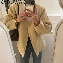 Dameswolmix Vintage Zachte Kleur V-hals Korte Jas Dames Eenvoudig Herfst Winter Elegant Los Casual Jassen Koreaans Chic Street chic Tops 220930