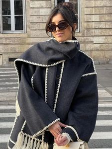 Mélanges de laine pour femmes veste en laine Vintage femmes mode gland avec écharpe femme hiver décontracté lâche simple boutonnage pardessus manteaux chauds 231023