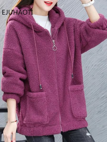 Femmes laine mélanges hiver Imitation agneau polaire manteau veste dames ample ajustement coréen mode pull avec peluche pour Femme Cardigan 231023