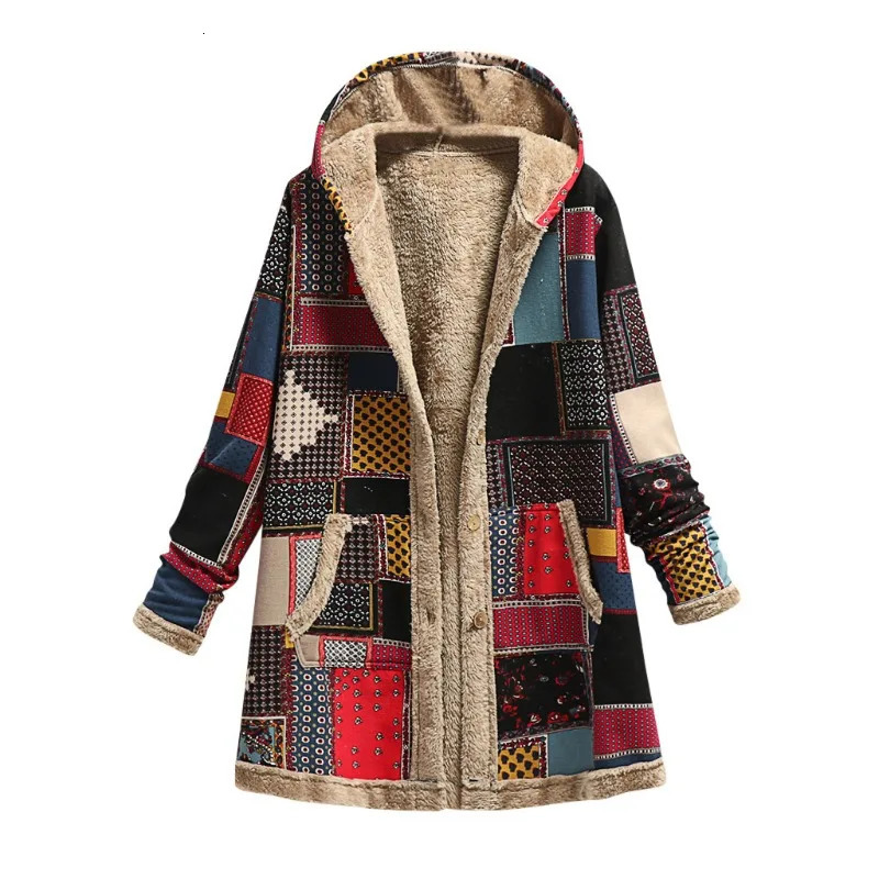 レディースウールブレンド冬のヴィンテージ女性コート温かい印刷濃厚なフリースフード付きロングジャケットポケットアウトウェアルーズジャケット231114