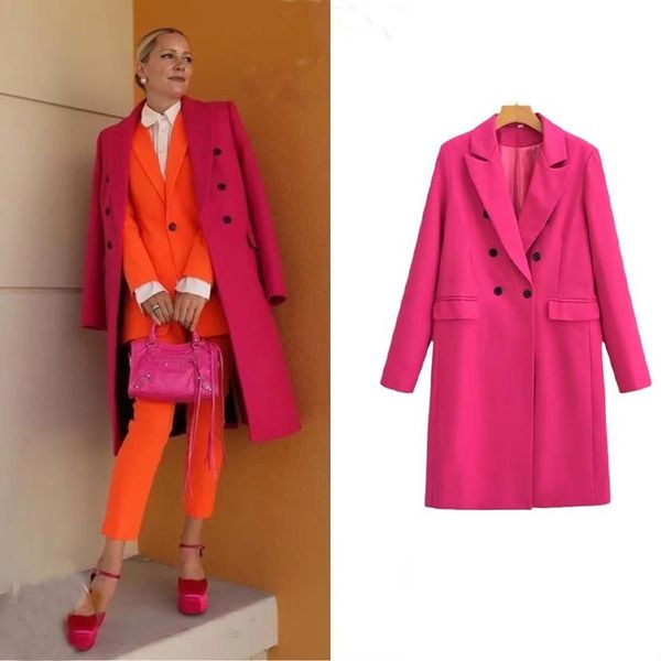 Mezclas de lana para mujer Mujer Rosa Rojo Traje de moda de manga larga Otoño e invierno Solapa de doble botonadura Outwear Abrigo retro elegante recto Mujer 230905